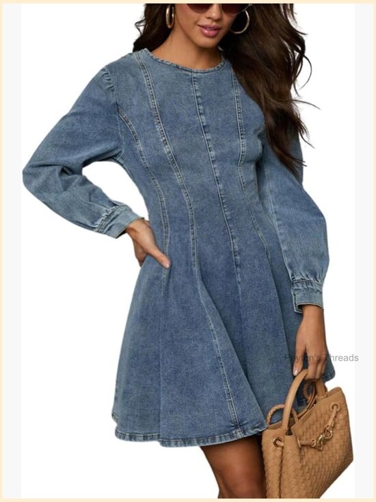 Dresses & Skirts - Long Sleeve Denim Mini Dress Stretchy Slim Fit Ruffle Swing A Line Jean Dress
